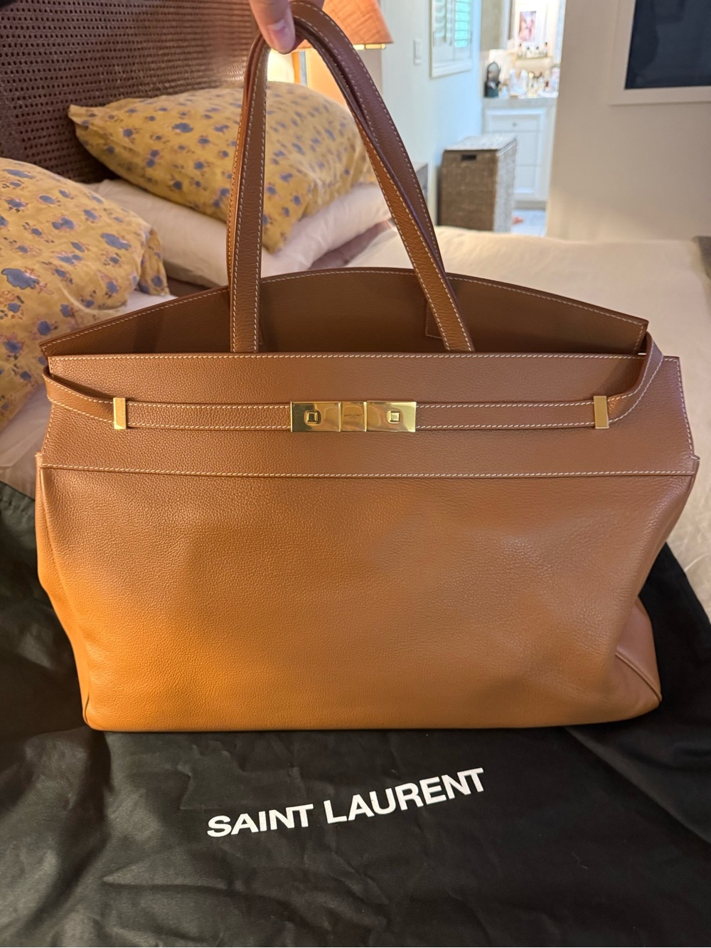 Saint Laurent Cognac Leather Tote with Gold Hardware